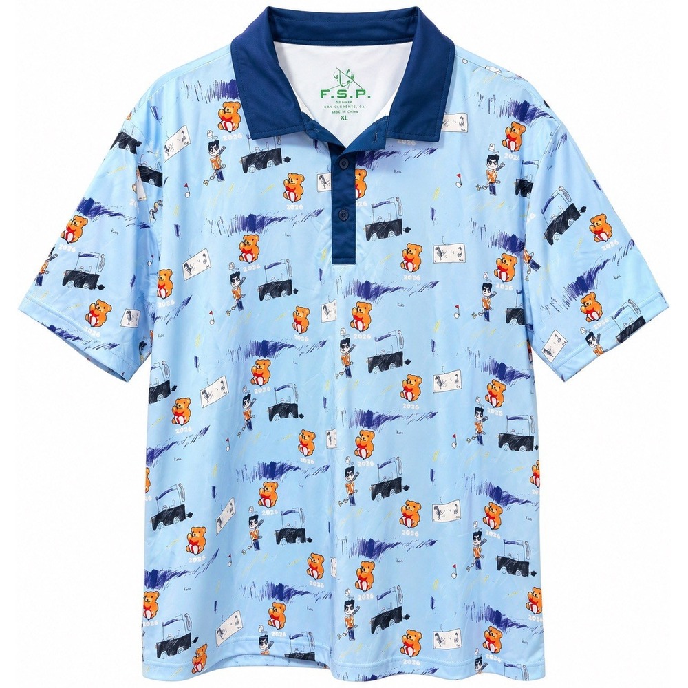 FSP by HTT Men's XL Golf Polo Blue Teddy Bear 2026 Novelty All Over Print